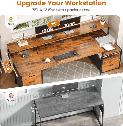 SEDETA Home Office Desk with File Drawer & Power Outlet, 75'' Large Computer Desk with 5 Drawer, Storage Shelves, Monitor Shelf and Led Lights, 23.6" W Desktop Gaming Desk, Rustic Brown