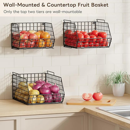 3-Tier Stackable Wire Baskets for Counter, Fruit and Vegetable Storage, Potato and Onion Storage Bin，Kitchen Pantry Organizer - Wall Basket for Produce/Snack/Can, Black