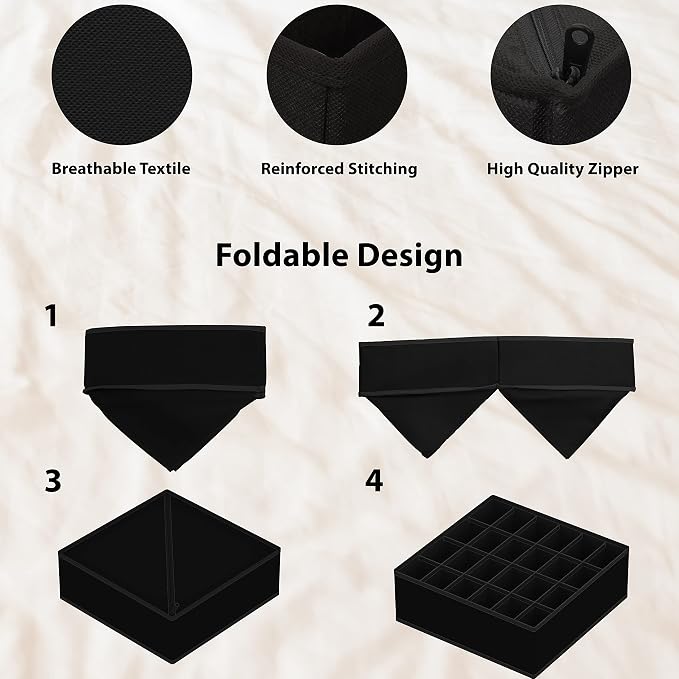 Simple Houseware 4-Pack Drawer Organizer Set - Closet Dividers for Underwear, Socks, Bras, Scarves, Ties - Foldable Non-Woven Storage Boxes, Black