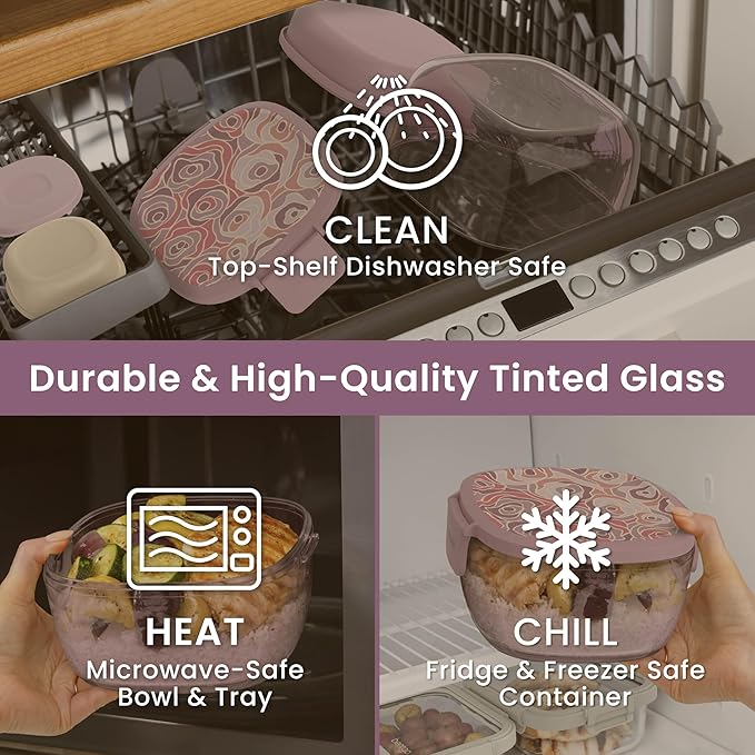 Bentgo Glass Prints Salad Container - 7.6-Cup Tinted Glass Salad Bowl with Airtight Lid, Leak-Proof Sauce Container, 4-Compartment Bento Meal Prep Tray & Reusable Fork (Floral Maximalist - Bouquet)