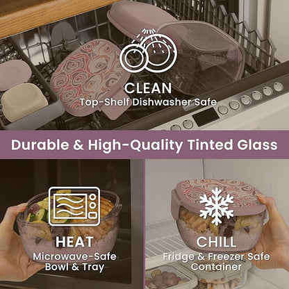 Bentgo Glass Prints Salad Container - 7.6-Cup Tinted Glass Salad Bowl with Airtight Lid, Leak-Proof Sauce Container, 4-Compartment Bento Meal Prep Tray & Reusable Fork (Floral Maximalist - Bouquet)