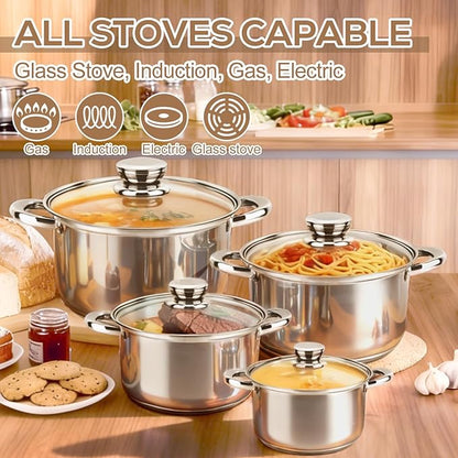 Stainless Steel Cookware Set - 8 Pieces Pots and Pans Nonstick Pot and Pan Set Includes 4 Pots and 4 Visible Lids, with Stay Cooling Handle, Induction & Oven Safe