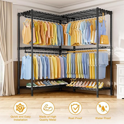 E15 Pro Garment Rack L Shaped Clothes Rack for Corner，Freestanding Clothing Racks for Hanging Clothes，Heavy Duty Closet System with 4 Hanging Rods & 8 S Hooks，48.8"W x 15.8"D x 78.4"H，Black