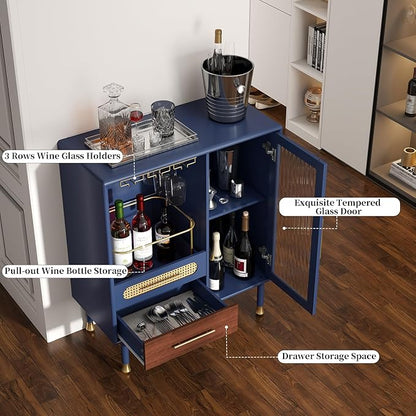 ARTPOWER Modern Coffee Bar Cabinet with Wine Glass Rack and Drawers, Blue Liquor Cabinet with Pull-Out Wine Storage for Kitchen, Dining Room, Living Room