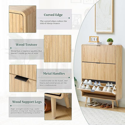 Narrow Shoe Cabinet Storage for Entryway,Slim Shoe Cabinet with 2 Flip Drawers, Fluted Shoes Rack Organizer (All Natural, 3 Drawers)