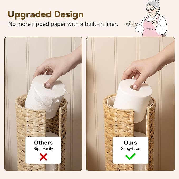 GRANNY SAYS Free Standing Toilet Paper Holder Stand with Storage, Water Hyacinth Wicker Toilet Paper Storage with Lid, Holds 3 Rolls, Tissue Holder for Bathroom with Built-in Cloth Lining