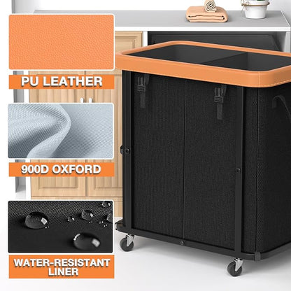 190L (50 Gal) Large Fashion Laundry Basket with Wheels, Leather Patchwork Rolling Hamper Carts, Sturdy Metal Frame, Removable Washable Bag, Tall Clothes Sorter for Bedroom - 2 Setion Black