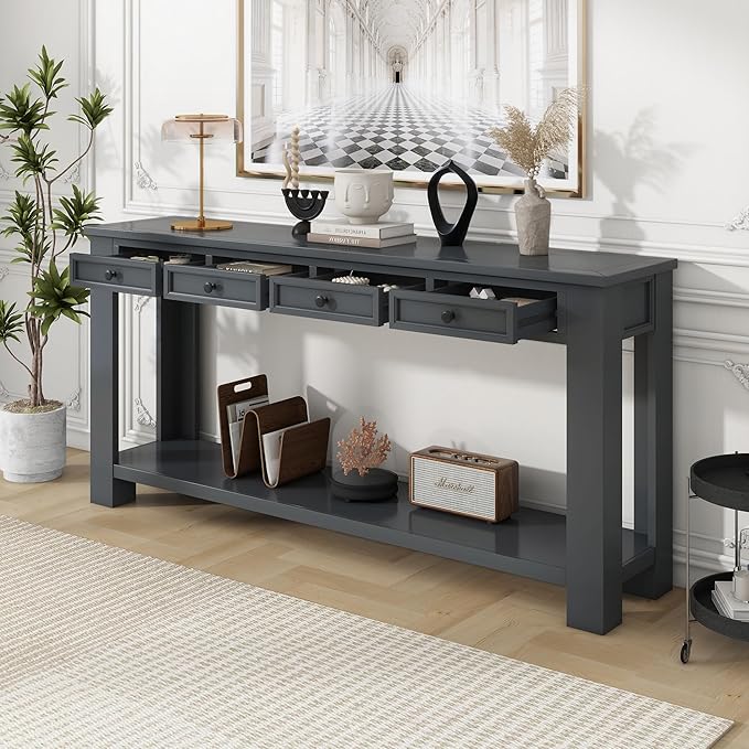 LKTART Solid Wood Console Table 63 in Long Sofa Table Entryway Table with 4 Drawers and Bottom Shelf for Hallway Living Room Couch Table,Easy Assembled,63" Tan