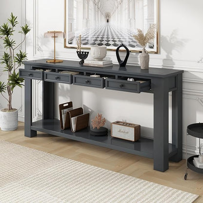 LKTART Solid Wood Console Table 63 in Long Sofa Table Entryway Table with 4 Drawers and Bottom Shelf for Hallway Living Room Couch Table,Easy Assembled,63" Tan