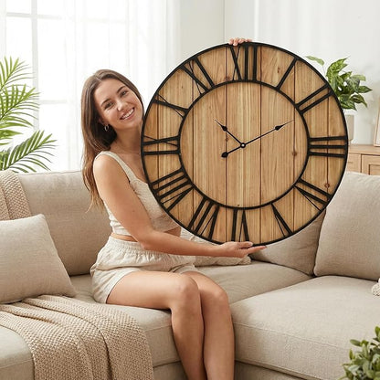 EMAX HOME Large Farmhouse Wall Clock 30 Inch Vintage Brown Wooden Wall Clock with Quiet Ticking and Minimalist Roman Numerals for Bedroom Living Room Office Kitchen Home Decor, Battery Operated