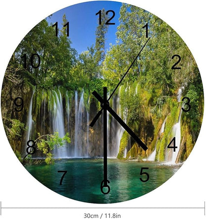 Scenic Nature Wall Clock Silent Non Ticking Battery Operated, Natural Falls Landscape Forest Tree Waterfall Scenery Clock Decorative for Bathroom Kitchen Bedroom Living Room(12 Inch)