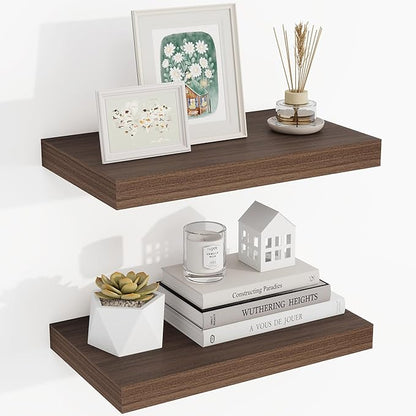 Acovy 16 Inch Floating Shelves, 16"x9.25"x1.5" Inch Deep Floating Shelves for Wall, Wooden Shelves for Bathroom, Bedroom, Living Room, Walnut, 2 Pieces