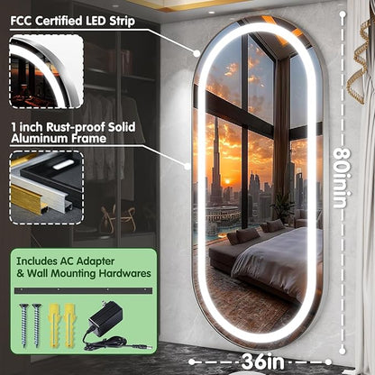FENNIO Full Length Mirror with Lights, 80" x 36" LED Full Body Mirror, Wall Mounted Hanging Mirror with Lights for Bedroom, Salon, Dimmable & 3 Color Lighting, Tempered Glass