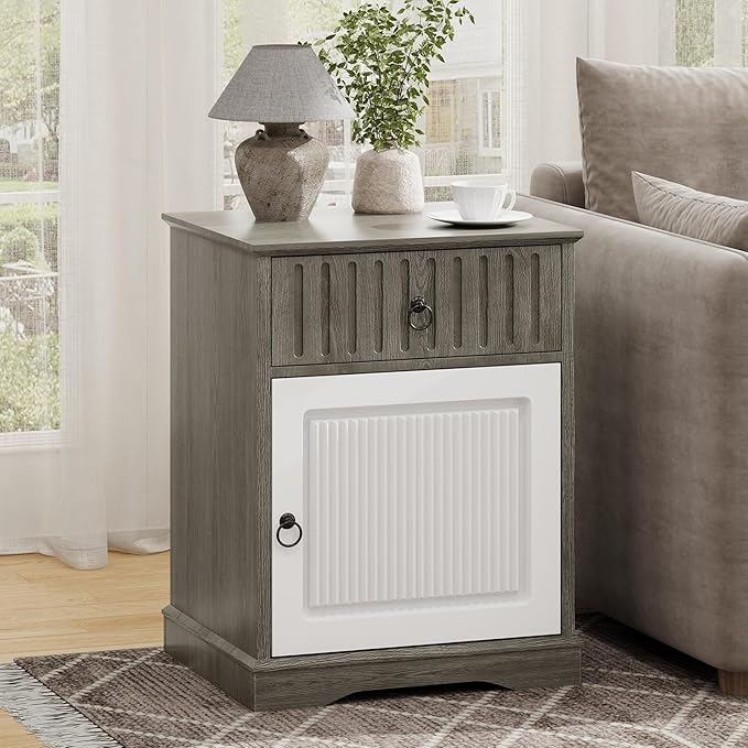 4ever2buy Farmhouse Nightstand Set of 2, 24" Tall Nightstand with Drawers, Grey Night Stand with Storage, Wood End Table Bedside Table for Bedroom Living Room, White and Grey