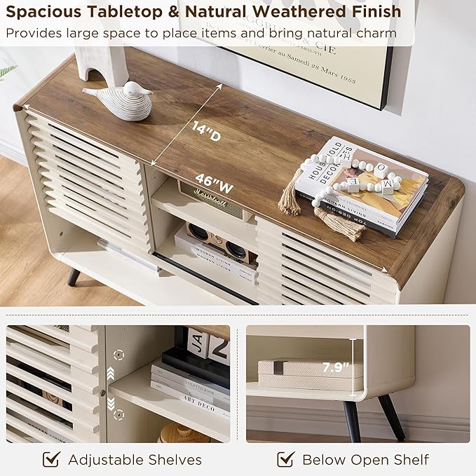 OKD Entryway Table with Sliding Slatted Door, 46" Mid Century Modern Wood Console Table w/Adjustable & Open Storage Shelf, Sofa Table Behind Couch for Hallway, Foyer, Living Room, Antique White