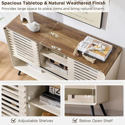 OKD Entryway Table with Sliding Slatted Door, 46" Mid Century Modern Wood Console Table w/Adjustable & Open Storage Shelf, Sofa Table Behind Couch for Hallway, Foyer, Living Room, Antique White