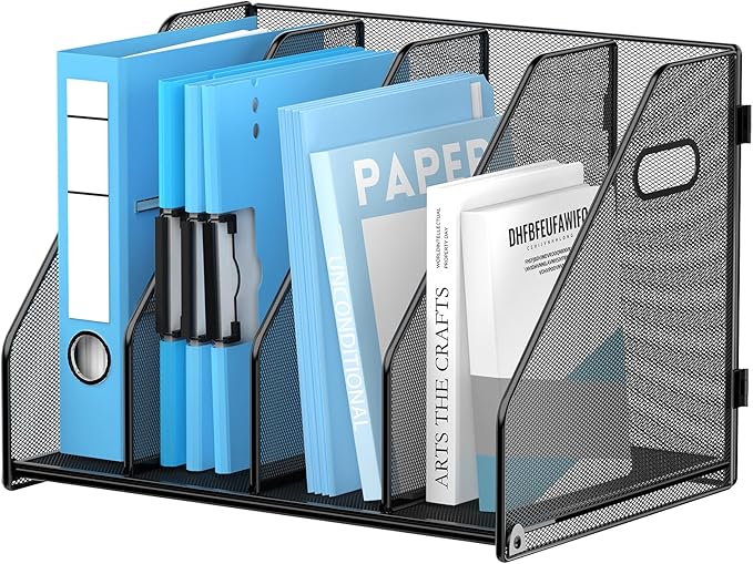 SUPEASY Binder Organizer, Magazine File Holder with 4 Vertical Compartments Rack, Metal Desk File Organizer & Binder Holders, Magazine Organizers for Office Desktop, Home, School (Black)