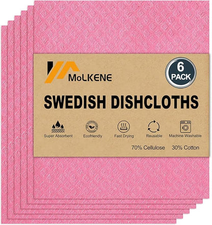 MoLKENE Swedish Dishcloths for Kitchen | 6 Pack Absorbent Cellulose Sponge Cloths Washable | Non-Scratch Reusable Paper Towels Quick Drying Cleaning Cloths - Pink