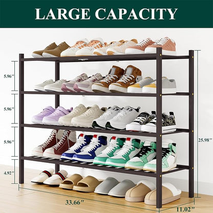 Smiry Long Bamboo Shoe Rack, 4 Tier Free Standing Wooden Shoe Organizer, Stackable Wood Shoe Storage Shelf for Closet, Entryway, 12 Vertical Slats, 2+2 Stack Standard Legs, 33.7"x11"x26", Brown