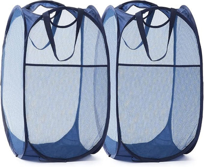 TECHMILLY Collapsible Mesh Pop Up Laundry Hamper with Sturdy Handles and Side Pocket - Portable Foldable Clothes Baskets for Dorm, Bathroom & Travel Storage (Blue, 2 Packs)