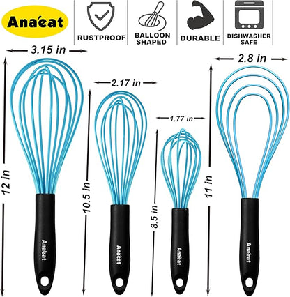 Anaeat Silicone Kitchen Whisk Set of 4, Perfect for Non-Stick Cookware, Milk and Egg Beater Blender for Whisking, Cooking, Baking, Beating - 11'' Flat Whisk and 9''+11''+12'' Balloon Whisks (Blue)
