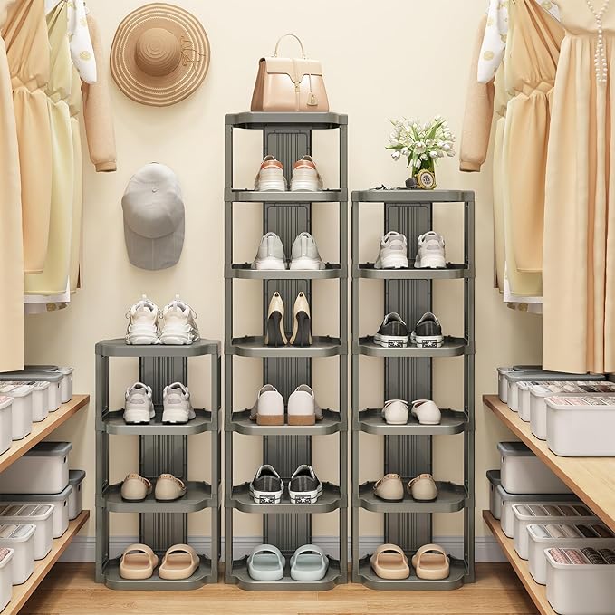 Kitstorack 10-Tier Vertical Plastic Shoe Rack, Freestanding Stackable Shoe Storage Organizer Cubes Shoe Shelf Tower or Small Closets and Tight Spaces, Gray