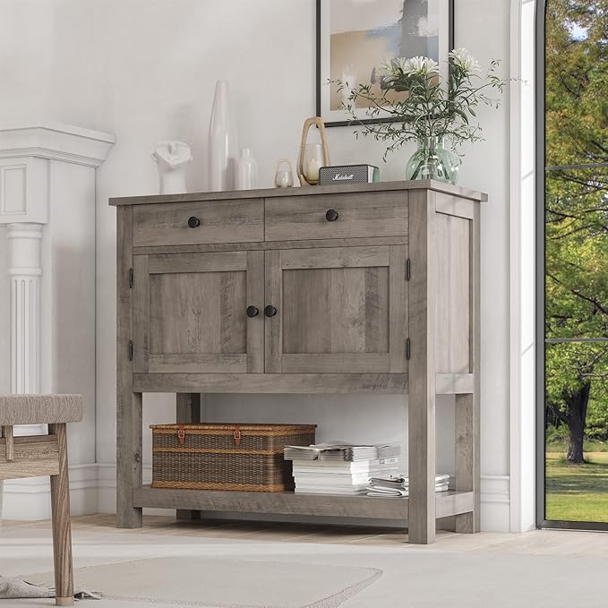 HOSTACK Farmhouse Console Table with 2-Door Cabinet & 2 Drawers, Coffee Bar, Entryway Table with Storage Shelf, Sofa Tables Buffet Sideboard for Kitchen, Hallway, Dining, Living Room, Ash Gray