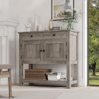HOSTACK Farmhouse Console Table with 2-Door Cabinet & 2 Drawers, Coffee Bar, Entryway Table with Storage Shelf, Sofa Tables Buffet Sideboard for Kitchen, Hallway, Dining, Living Room, Ash Gray