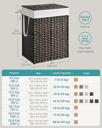 SONGMICS Laundry Hamper with Lid, 23.8 Gallon (90 L) Synthetic Rattan Clothes Laundry Basket with Lid and Handles, Foldable, Removable Liner, Chestnut Brown ULCB051K02