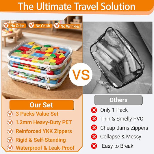YQBRAO 3-Pack Large Clear Hard Shell Zipper Case, 1.2mm Rigid Toy & Cosmetic Bags, Heavy-Duty Diaper Bag Pouch Set with YKK Zippers, Waterproof Travel & Makeup Organizer