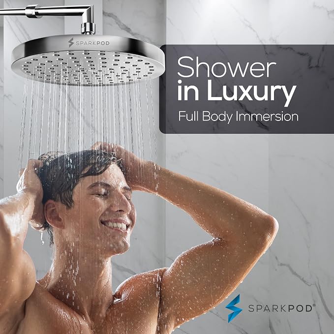 SparkPod Rain Shower Head, 8 Inch Round | High Pressure Shower Heads, 90 Nozzle (Touch-to-Clean), Adjustable Showerhead, No-tool Universal Connection