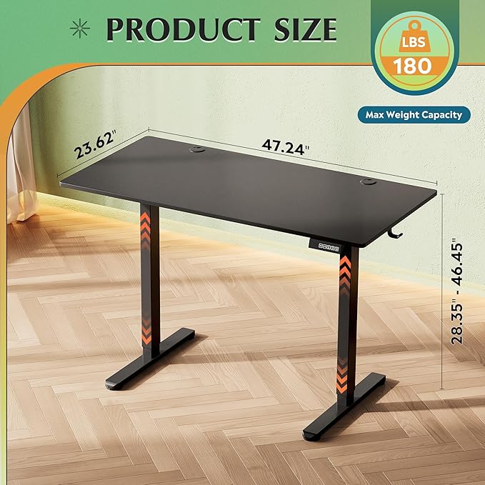 DEVAISE 48 x 24 Inches Electric Standing Desk, Whole-Piece Desktop Standing Desk with Adjustable Height,Cable Holes, 3-Preset Memory Sit Stand up Desk, One-Piece Computer Desk for Home, Office (Black)