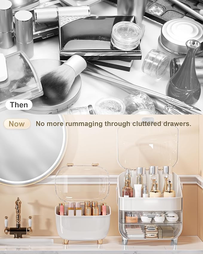 Makeup Organizer with Lipstick Holder, Skincare Organizers Storage Box Cosmetic Display Cases, Teen Girl Gifts Make up Organizers for Vanity, Dresser, Countertop, Bathroom(Silver)