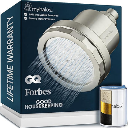 MyHalos® Filtered Shower Head for Hard Water Filter - High Pressure, Removes Chlorine - Shower Head Filter for Hard Water Softener Showerhead, Easy Install, For Hair & Skin, Filtering (Brushed Metal)