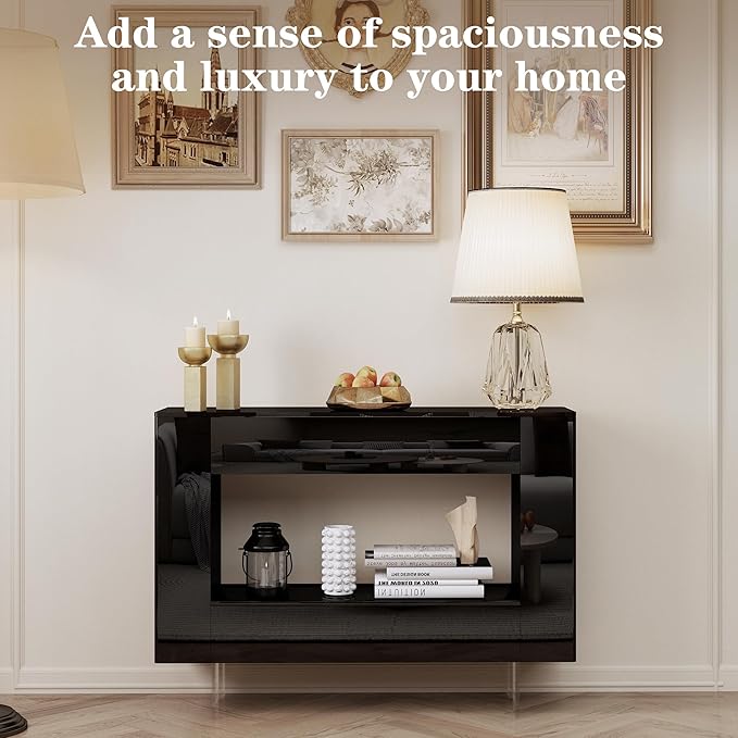 High Gloss Console Table with Hidden Side Storage Cabinets, Adjustable Shelves, Modern Black Entryway Sofa Table for Behind The Couch, Living Room, Hallway, Black