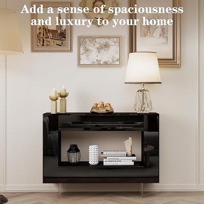 High Gloss Console Table with Hidden Side Storage Cabinets, Adjustable Shelves, Modern Black Entryway Sofa Table for Behind The Couch, Living Room, Hallway, Black