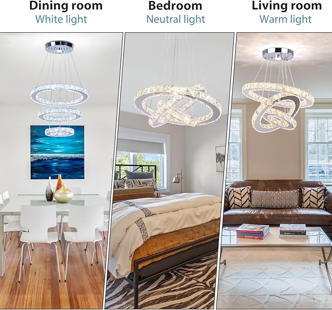 Chandelier LED Crystal Chandelier Lighting Dimmable LED Chandeliers Modern Ceiling Light Fixture 3 Rings Adjustable Stainless Steel Pendant Light for Bedrooms Living Room