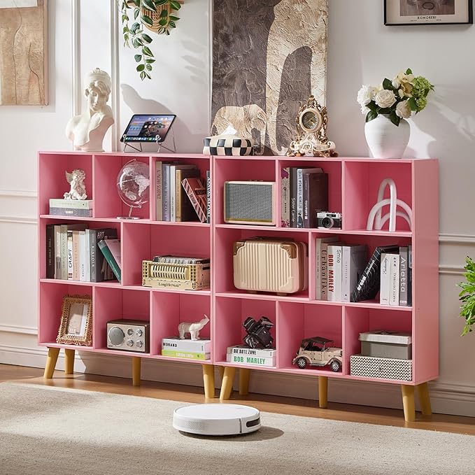 LEYAOYAO 8 Cube Bookshelf,3 Tier Bookcase with Legs,Light Pink Mid-Century Modern Bookshelves,Large Open Storage Organizer Shelf, Wooden Book Case