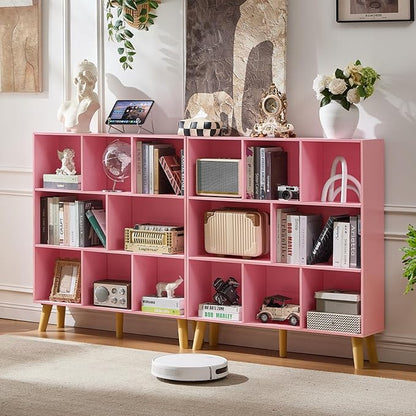 LEYAOYAO 8 Cube Bookshelf,3 Tier Bookcase with Legs,Light Pink Mid-Century Modern Bookshelves,Large Open Storage Organizer Shelf, Wooden Book Case