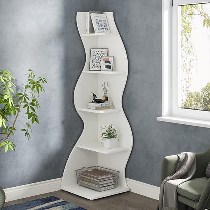 Tribesigns Corner Shelf, Modern 5-Tier Wall Corner Bookshelf, Stylish Corner Small Bookcase Storage Rack Plant Stand with Unique Shape for Living Room, Home Office (White, 1PC) | Stylish, Storage Rack, Plant Stand, Unique Shape, Living Room, Home Office