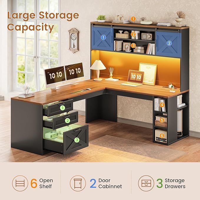 SEDETA 67" L Shaped Desk with Hutch, Farmhouse Executive Office Desks with Drawers & Sliding Doors, L Shaped Gaming Desk with Storage Shelves & Power Outlets, Corner Gaming Desk with LED Lights, Black