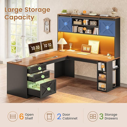 SEDETA 67" L Shaped Desk with Hutch, Farmhouse Executive Office Desks with Drawers & Sliding Doors, L Shaped Gaming Desk with Storage Shelves & Power Outlets, Corner Gaming Desk with LED Lights, Black