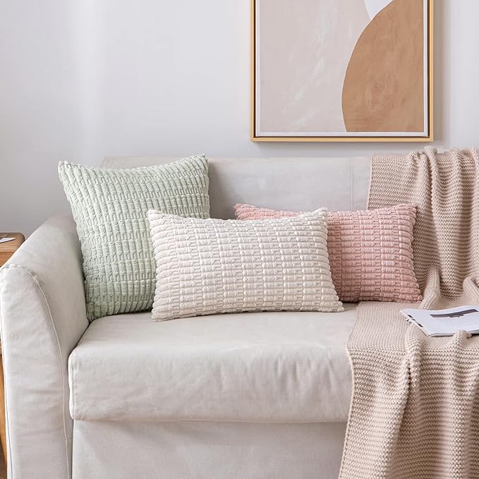 MIULEE Pack of 2 Corduroy Decorative Lumbar Throw Pillow Covers 24x12 Inch Soft Boho Striped Pillow Covers Modern Farmhouse Home Decor for Sofa Living Room Couch Bed Cream White