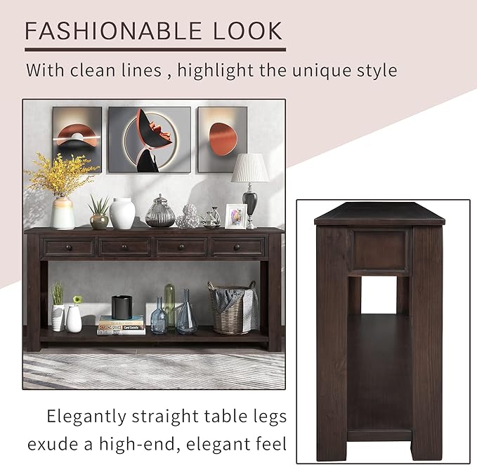 LKTART 63" Solid Wood Console Table Sofa Table with Storage Drawers and Bottom Shelf,Farmhouse Entryway Table for Hallway Foyer,Sofa Couch Table,Easy Assembled (63" Espresso)