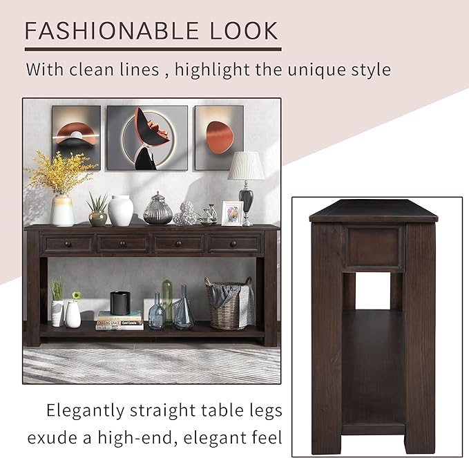 Console Table Hallway Sofa Entryway Side Table 63" Long Furniture with 4 Drawers and Bottom Shelf for Living Room Home Decor (Espresso)