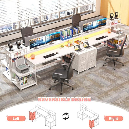 EnHomee 71" L Shaped Gaming Desk with LED Lights,White Computer Desk with Drawers and Printer Shelf,Power Outlet,Reversible Home Office Desks with Storage and Monitor Stand