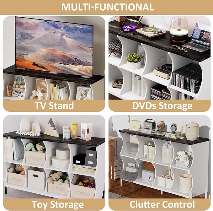 8 Cube Book Shelf, Low and Short Bookshelf, Long Cube Storage Organizer Wood TV Stand, Toy Organization DVD Cabinets for Living Room, Office, Bedroom, Dorm, White with Dark Brown Top