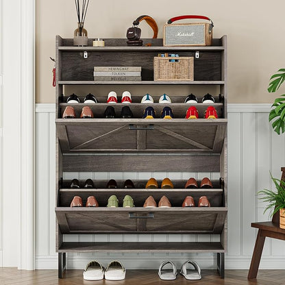 Shoe Cabinet with 2 Flip Drawers Narrow Shoe Storage Organizer Wooden Freestanding Rack Hidden Slim Shoes Storage Cabinet for Entryway, Hallway, Living Room, Bedroom (Grey)