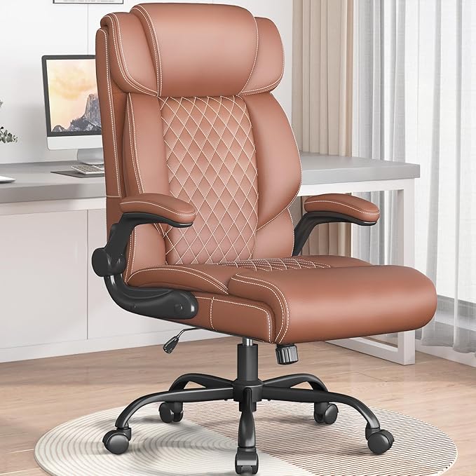 Office Chair-Executive High Back Breathable Comfy Desk Chair with Flip-up Armrests Lumbar Support-Ergonomic Leather Rolling Swivel Chair with Rock Function for Working Studying Gaming