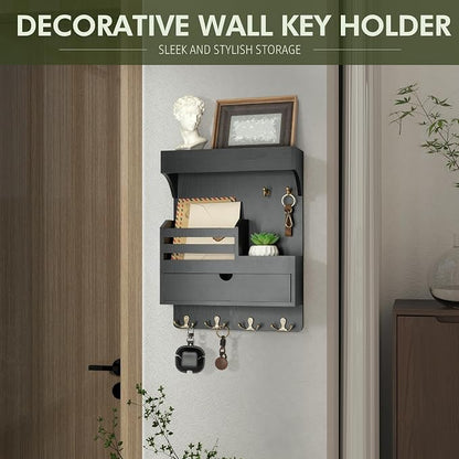 Rebee Vision Modern Key Holder Wall Mount with Drawer Organizer - Pine Wood Mail and Key Organizer with 6 Keys Hooks and Floating Wall Shelf - Stylish Home Decor for Apartment (Black)
